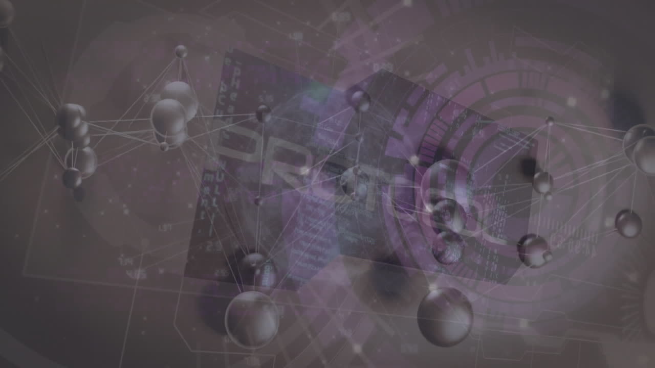 Animation of digital network with spheres and coding over purple geometric shapes