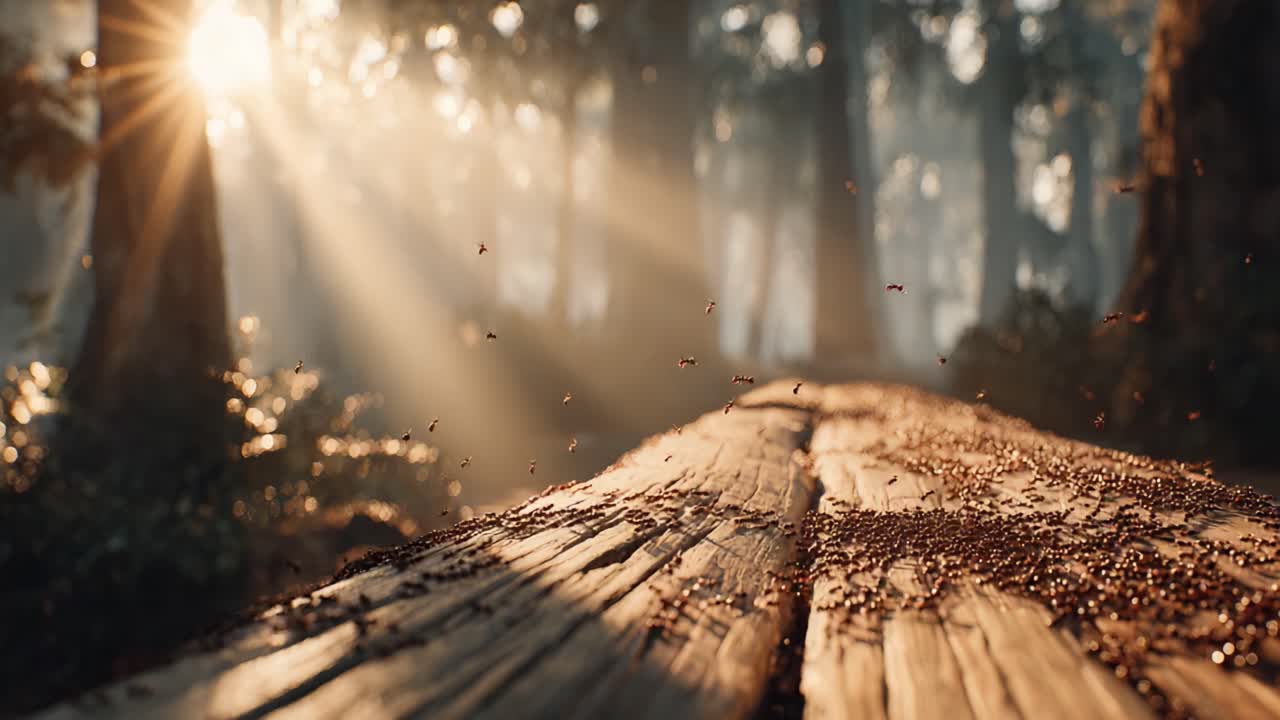 A Serene Morning in the Forest: Rays of Sunlight Filtering Through Trees Highlighting an Ant Trail on a Weathered Timber Surface