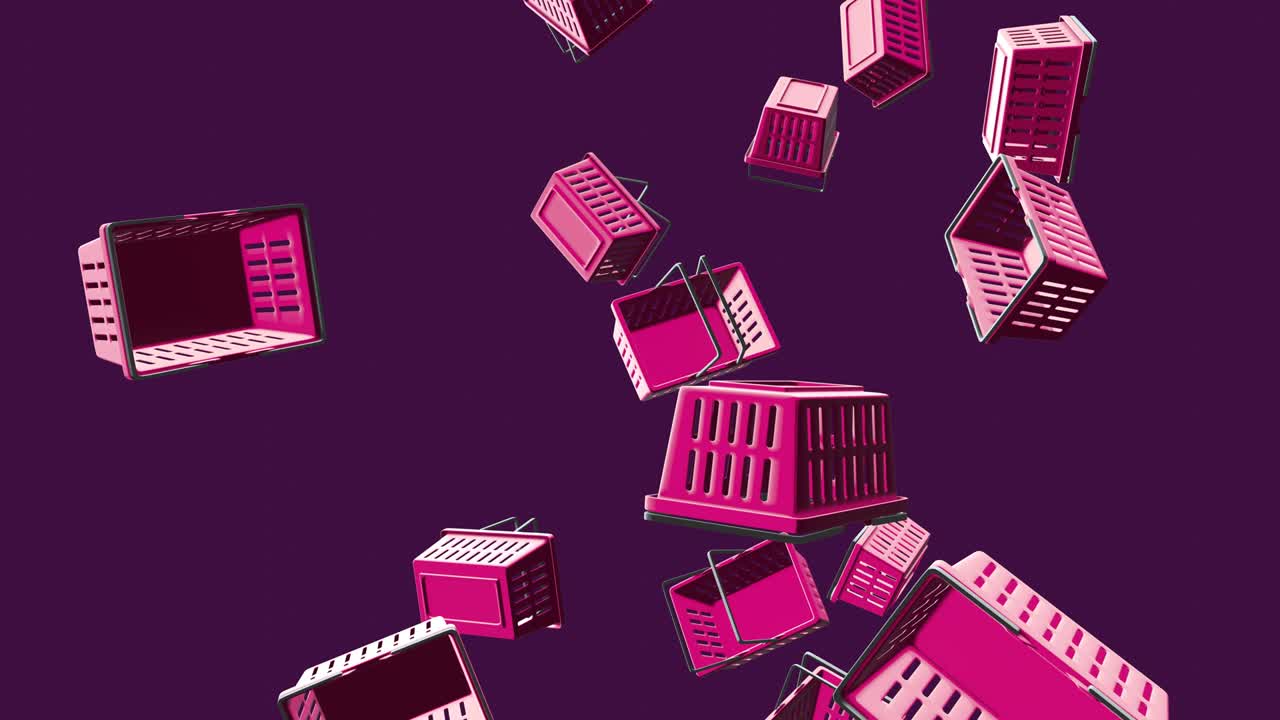 cestas de compras de plástico púrpura sobre un fondo púrpura.