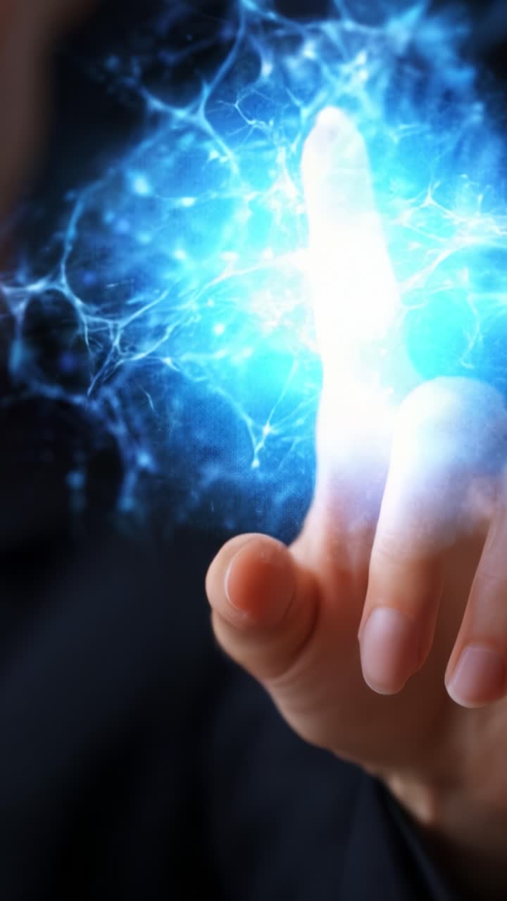Una yema de dedo luminosa que toca una red etérea de energía y luz, conectando el elemento humano a los misterios del universo en una fascinante presentación visual
