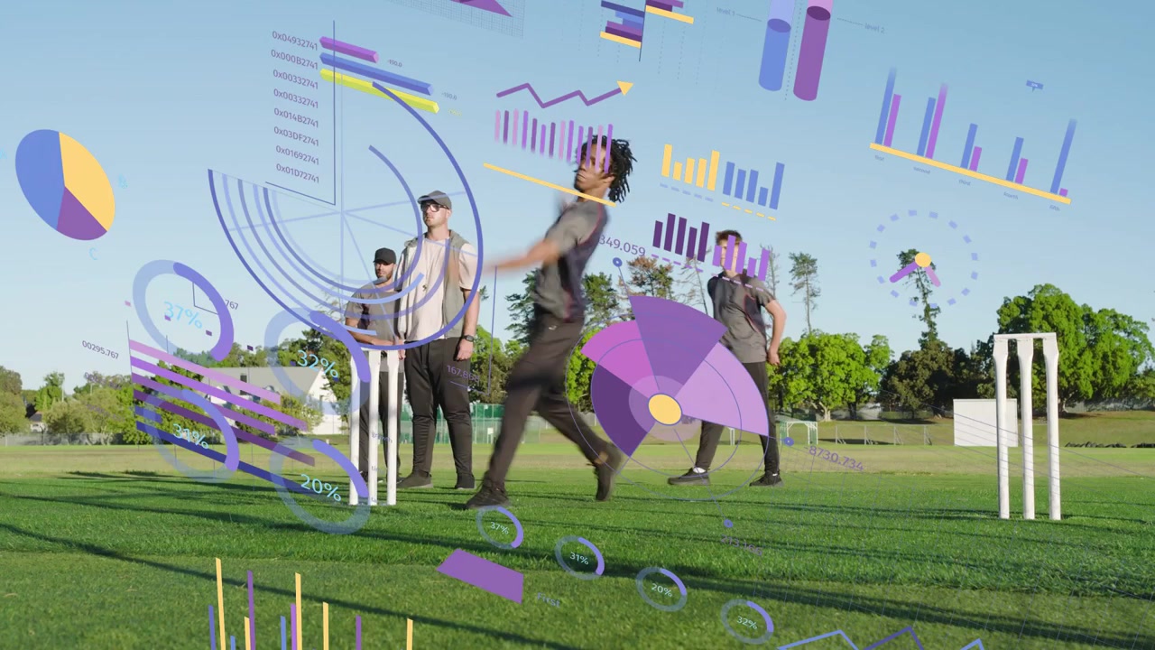 Squadra di cricket che si allena al parco, con il lanciatore che corre e il battitore che colpisce la palla, mentre grafici si sovrappongono ai giocatori