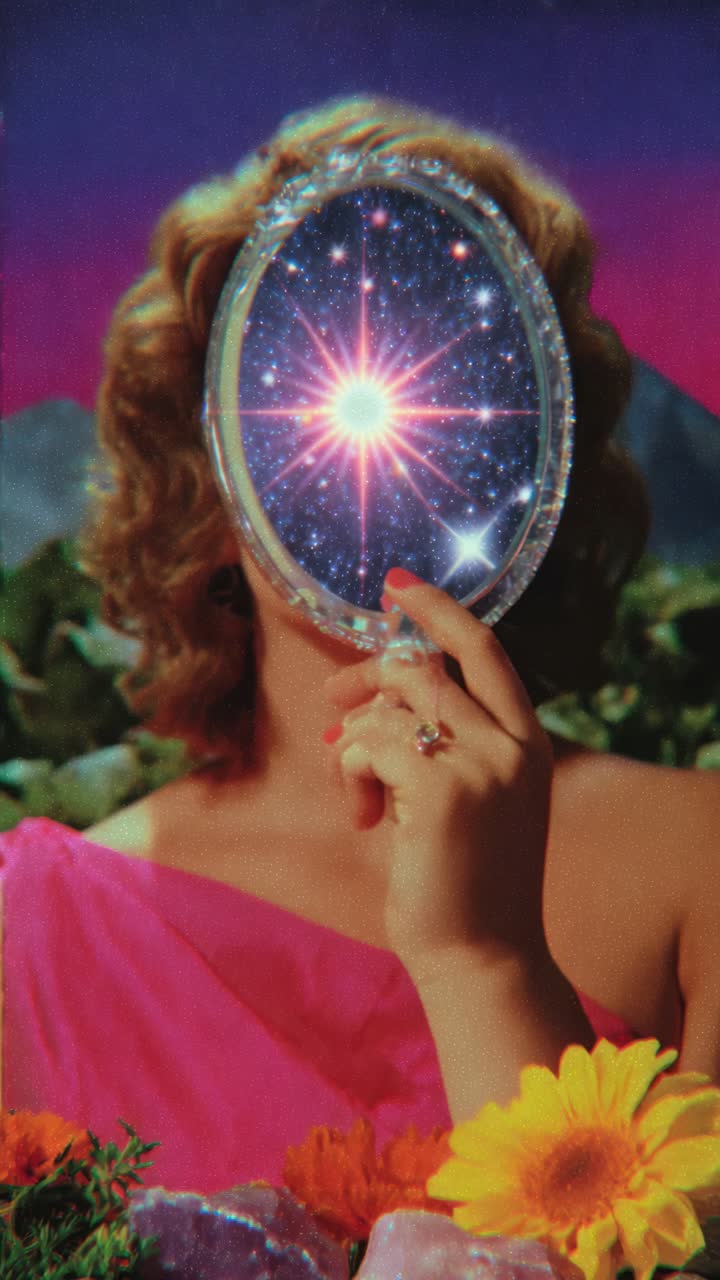 Surreal video concept with a cosmic theme. A woman holds a mirror reflecting a starry sky. Shot