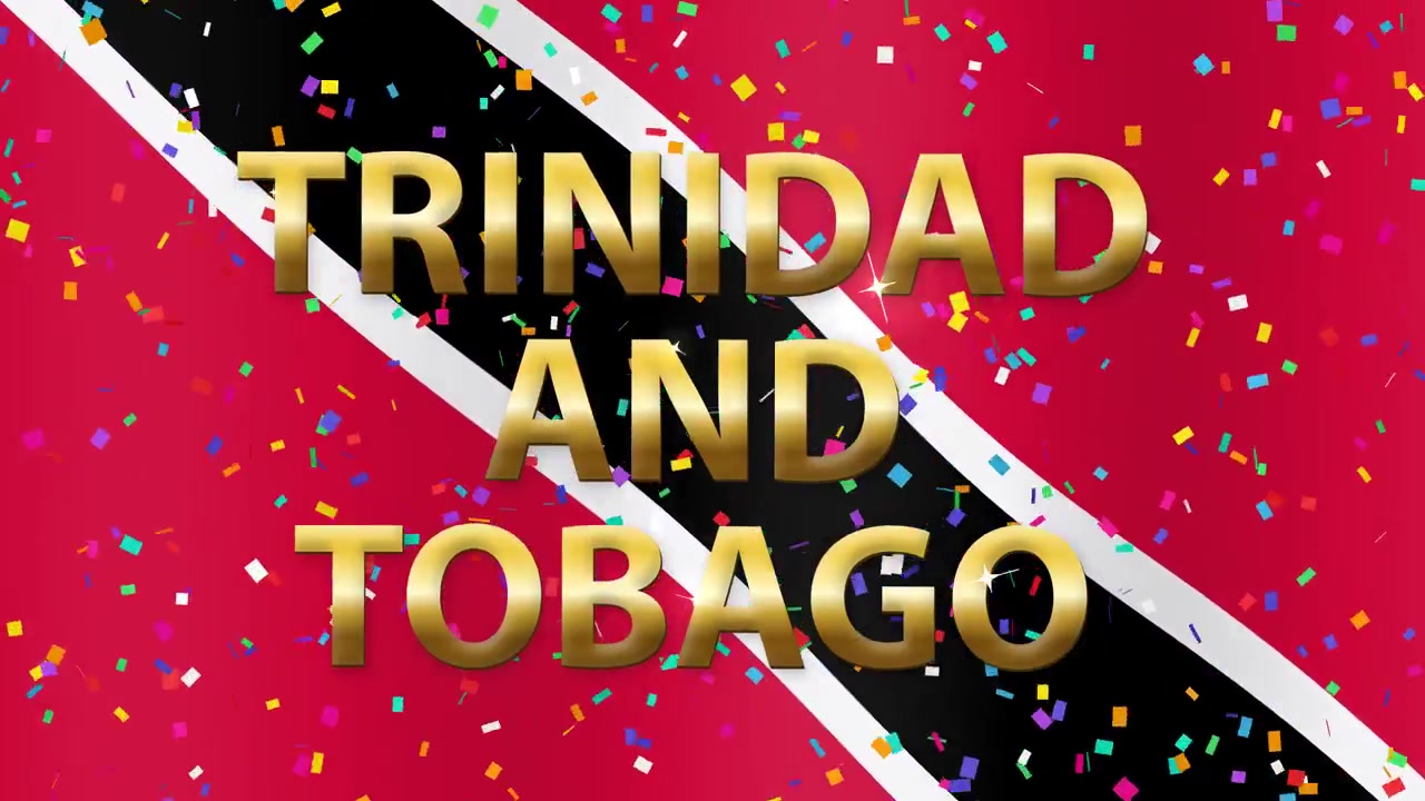 Animierte Flagge von Trinidad und Tobago weht hinter goldenem 3D-Text und fallendem bunten Konfetti.