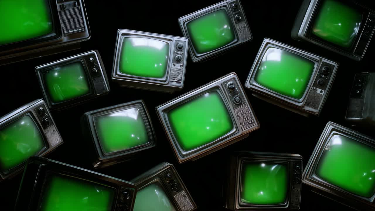 A dynamic composition featuring numerous vintage televisions displaying green screens against a dark background, creating a retro yet futuristic atmosphere that evokes nostalgia and creativity
