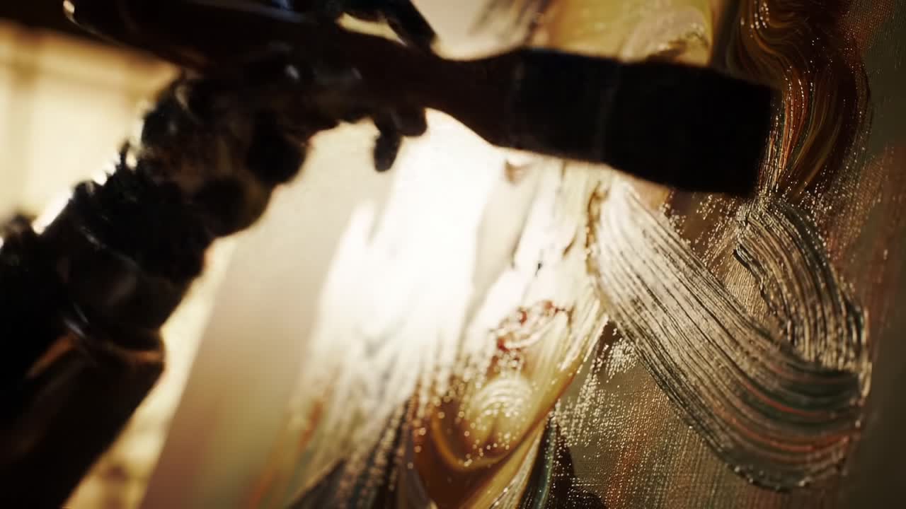 A Robotic Artist Skillfully Applies Brush Strokes to Create a Portrait, Blurring the Line Between Technology and Creative Expression through Layered Textures and Vibrant Colors