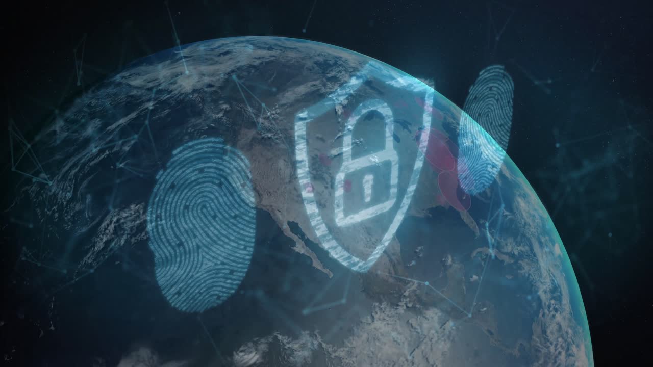Rotating 3D Earth generating fingerprint holograms scanning padlock shield while blocking breaches