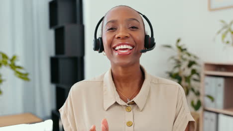 Face,-black-woman-and-wave-on-video-in-call-center