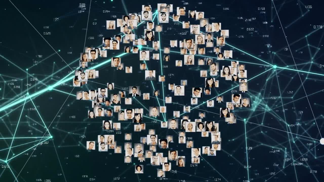 녹색 배경에 여러 프로필 아이콘의 글로브에 대한 연결 네트워크의 디지털 애니메이션