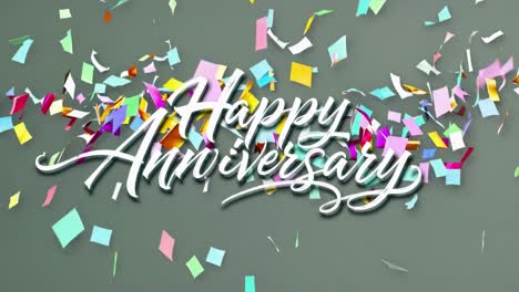 colorful confetti is falling gracefully onto a gray background, creating a festive atmosphere, while the words happy anniversary are prominently displayed in elegant white script