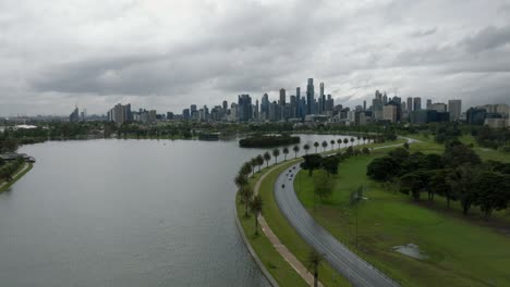 aerial footage of melbourne cbd with the albert park during a cloudy day