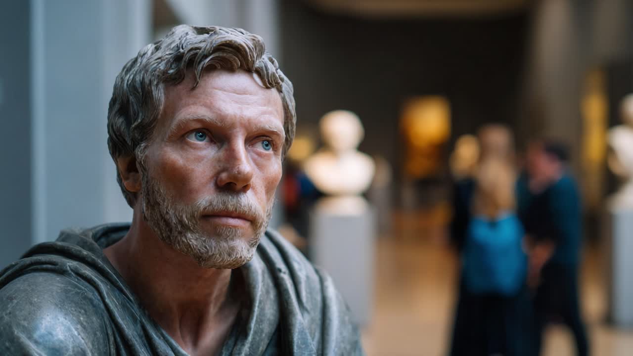 Un primo piano dettagliato di una statua realistica che assomiglia a una figura storica, ambientata in un ambiente museale, con visitatori che ammirano l'opera d'arte sullo sfondo.
