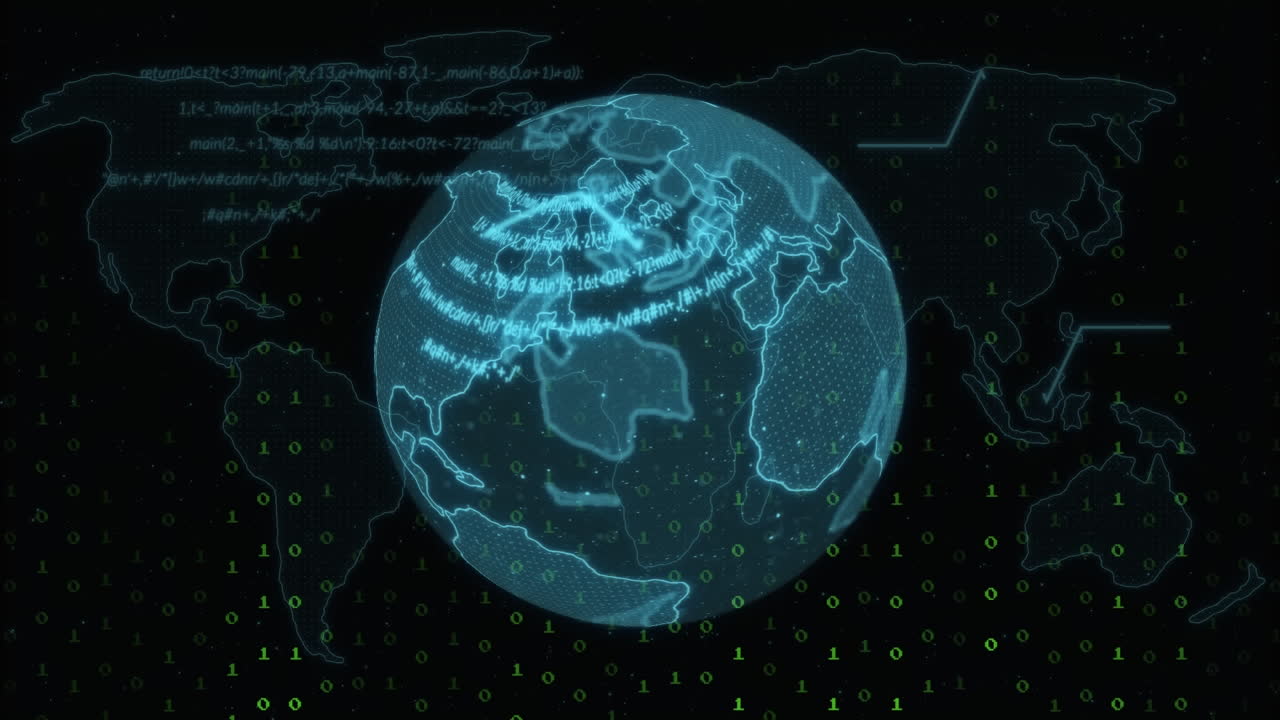 Animation of data processing and globe on black background