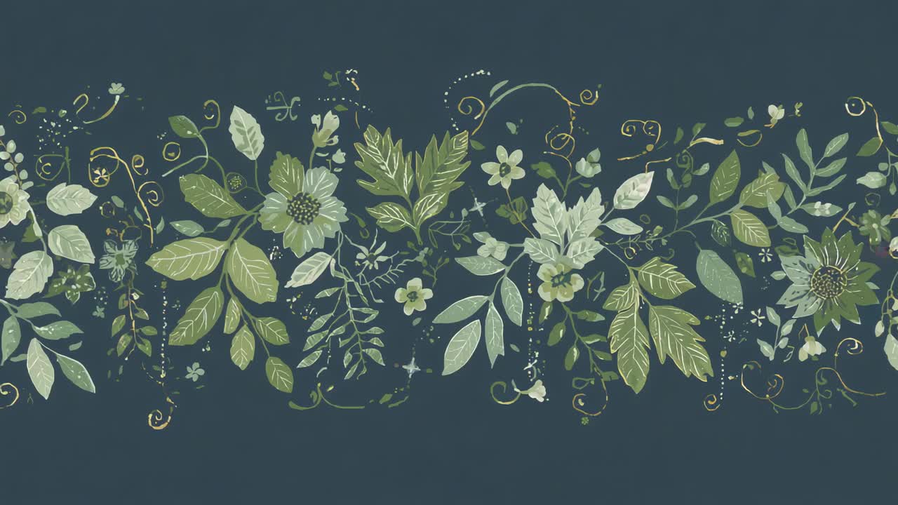 Animating botanical band panning across dark teal canvas, revealing leaves, flowers, vines, dots