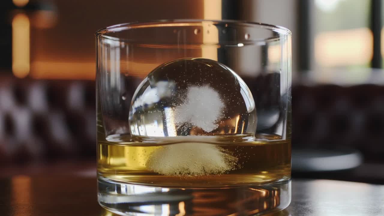 Palla di ghiaccio che si scioglie rilasciando fiocchi nuvolosi in un bicchiere trasparente su un tavolo di legno in un salotto, liquore ambrato