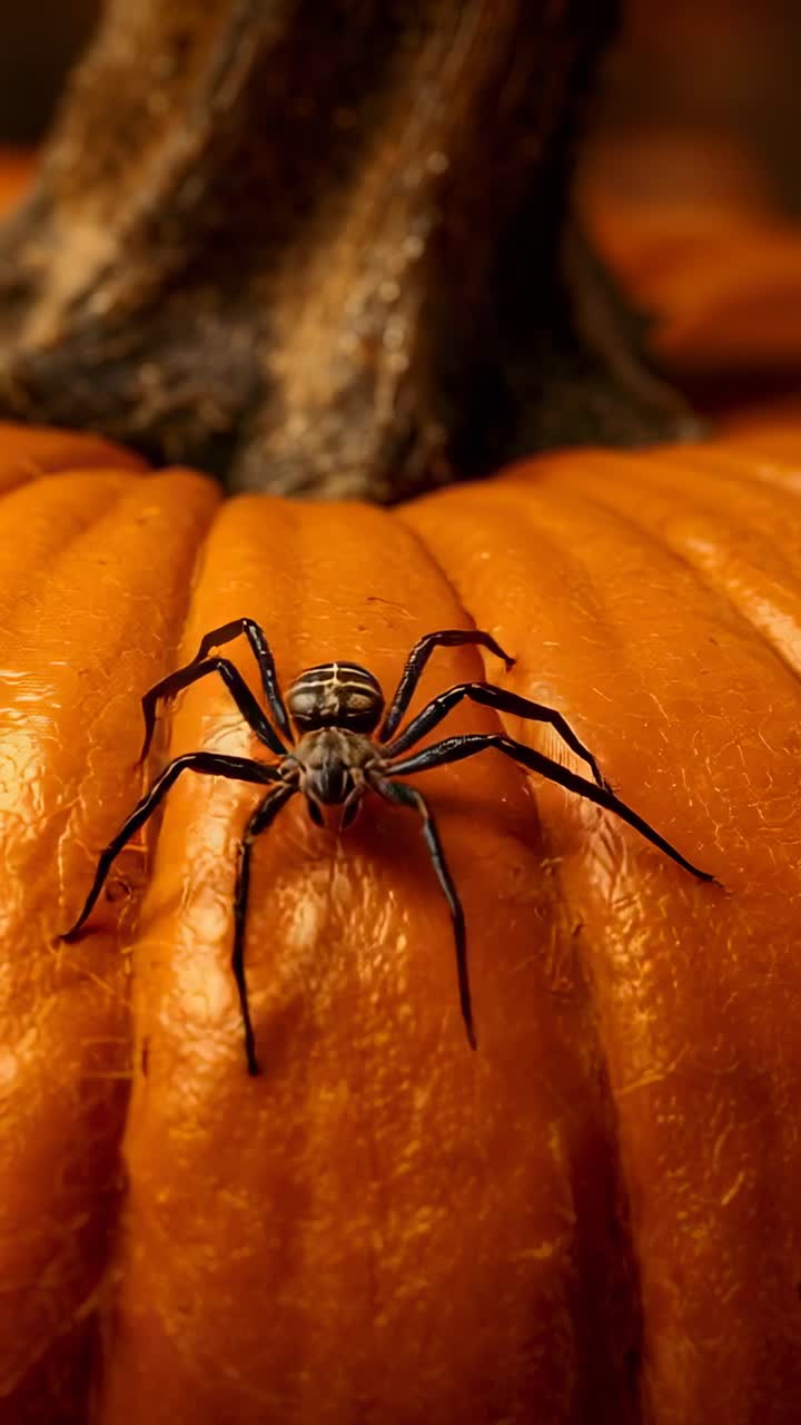 Vertical video: Showing small spider raising legs and crawling up orange pumpkin ridge, rough stem