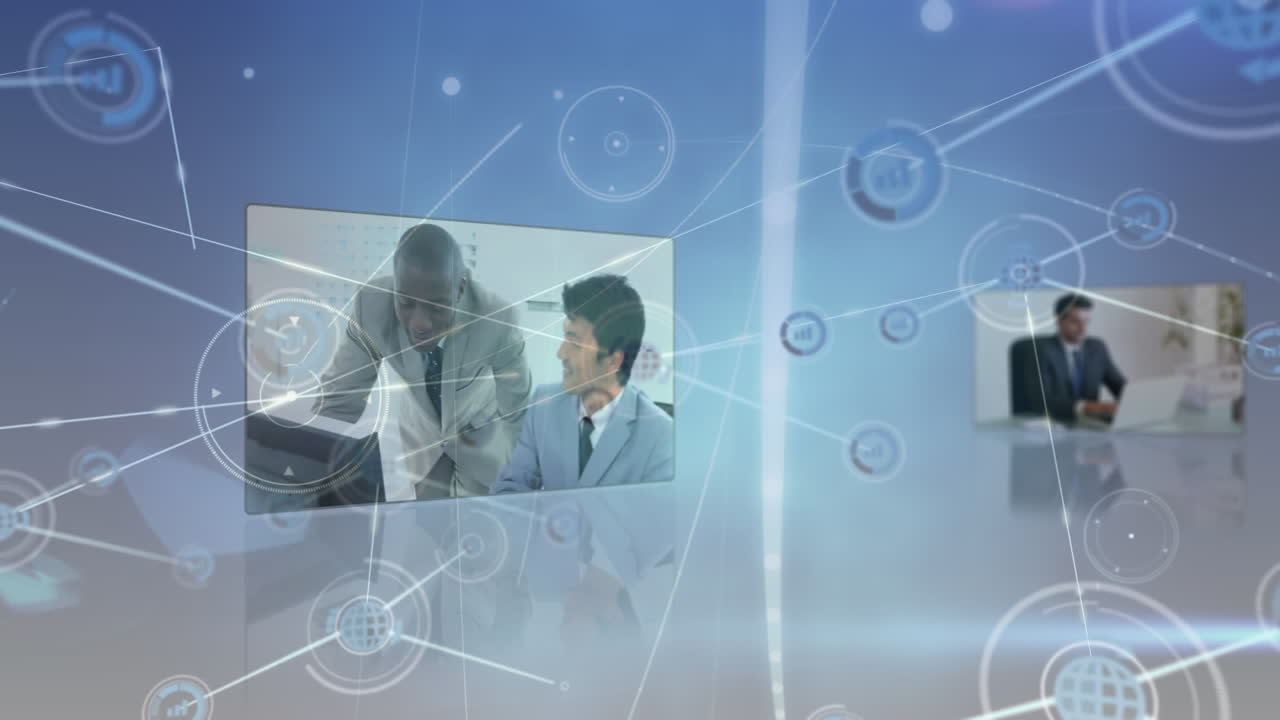 비즈니스 데이터 처리와 함께 화면에 대한 디지털 아이콘 및 빛의 점 네트워크의 애니메이션