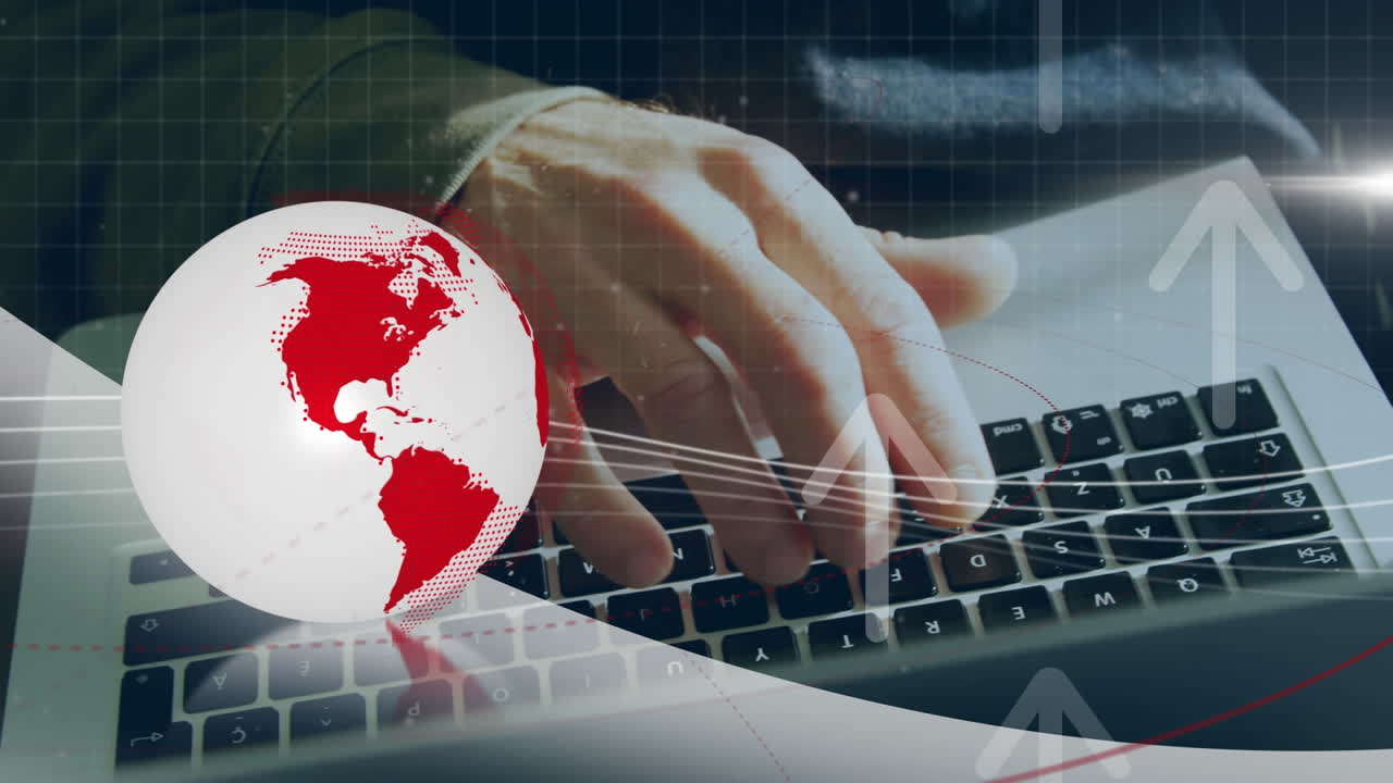 animación del globo y las flechas sobre el hombre caucásico usando una computadora portátil.