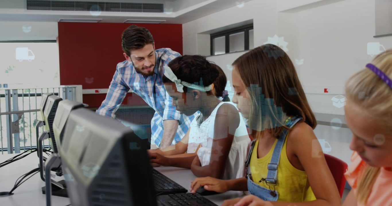 Animation of data processing over caucasian male teacher with diverse schoolchildren using computers