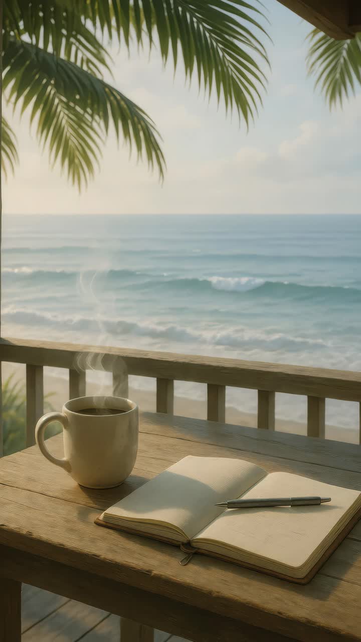 Serene beachfront scene from a low angle, featuring a steaming coffee, open journal, and ocean