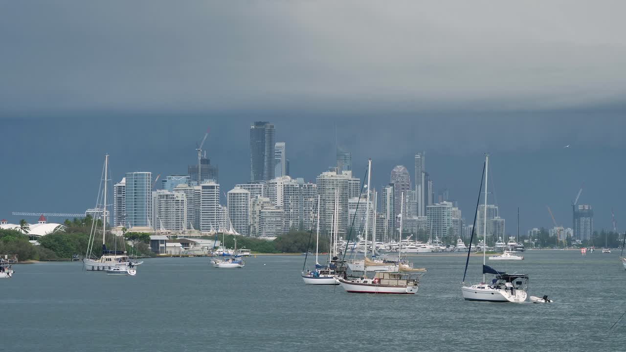 Tight view of stormy weather passing over Surfers Paradise and the Broadwater on the Gold Coast, Australia