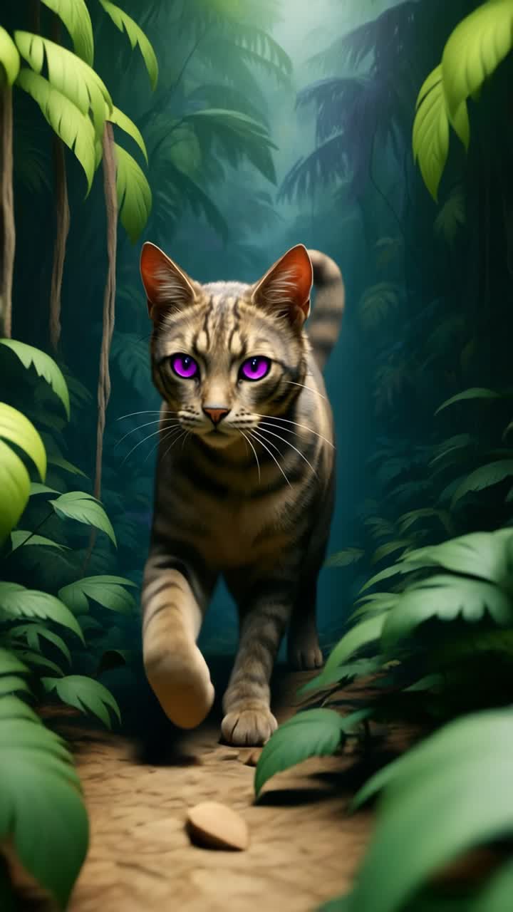 Un gatto mistico con degli straordinari occhi viola cammina attraverso una giungla lussureggiante