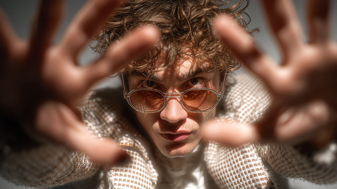 Stylish man playing with hands in slow motion