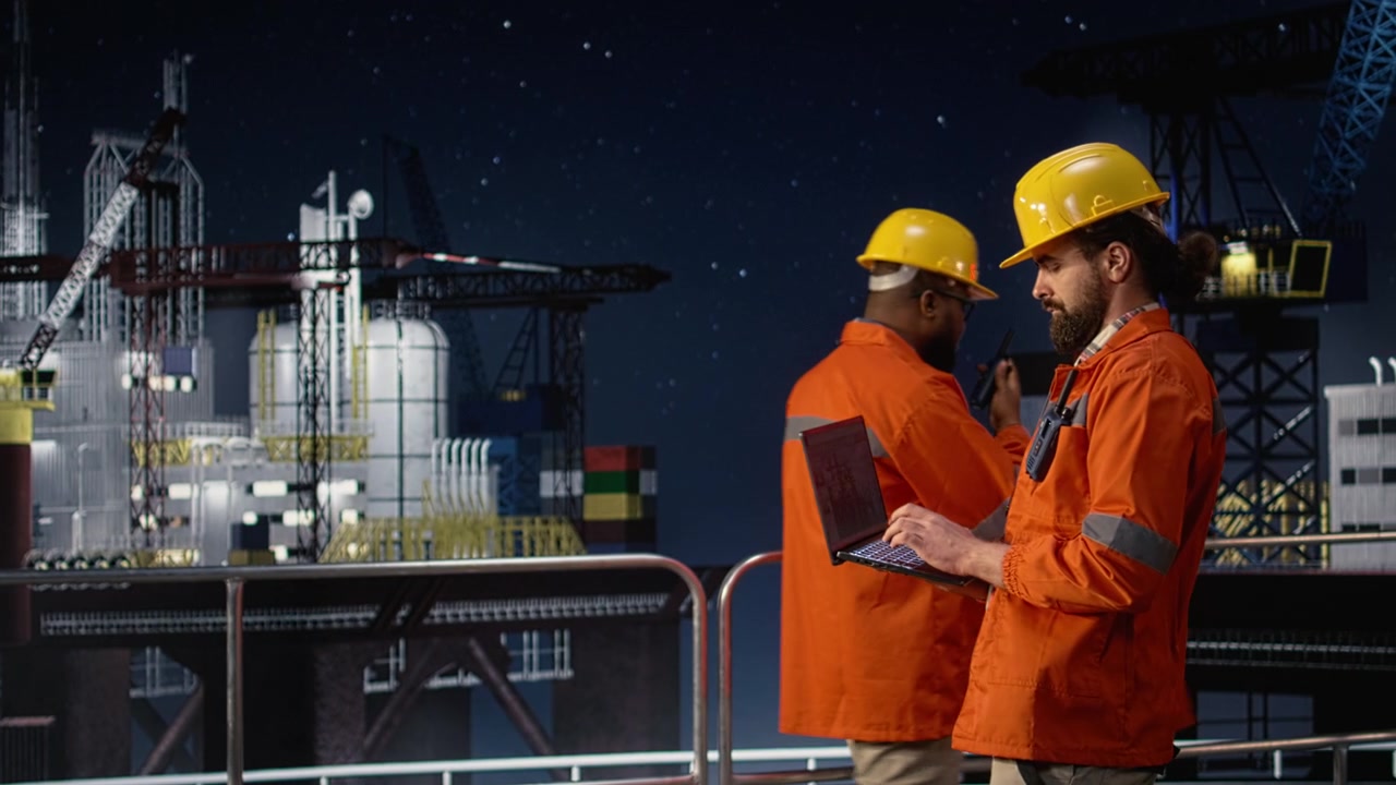 Monitoring drilling ship, oil crisis affecting logistics and men using laptop