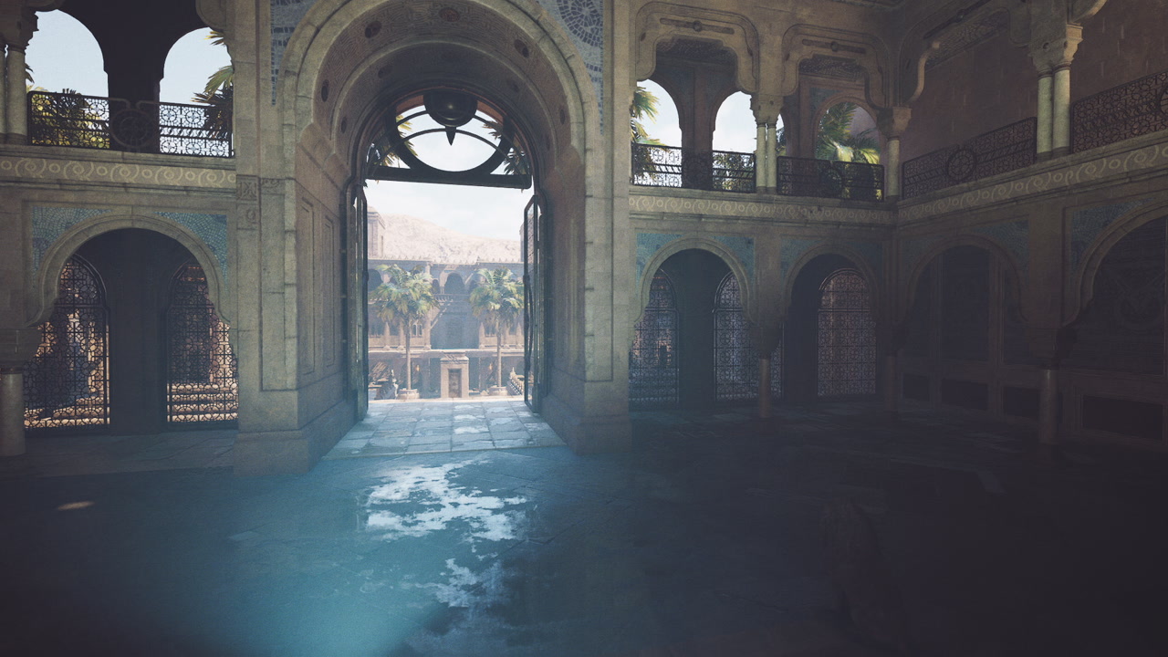 Unoccupied cultural space with distant city view and atmospheric details