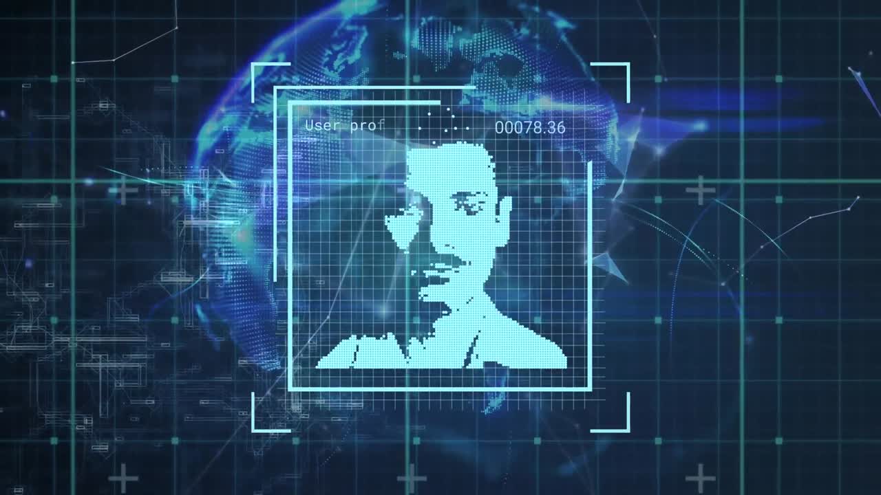 animación de múltiples iconos de perfil con procesamiento de datos sobre un globo giratorio contra un fondo azul