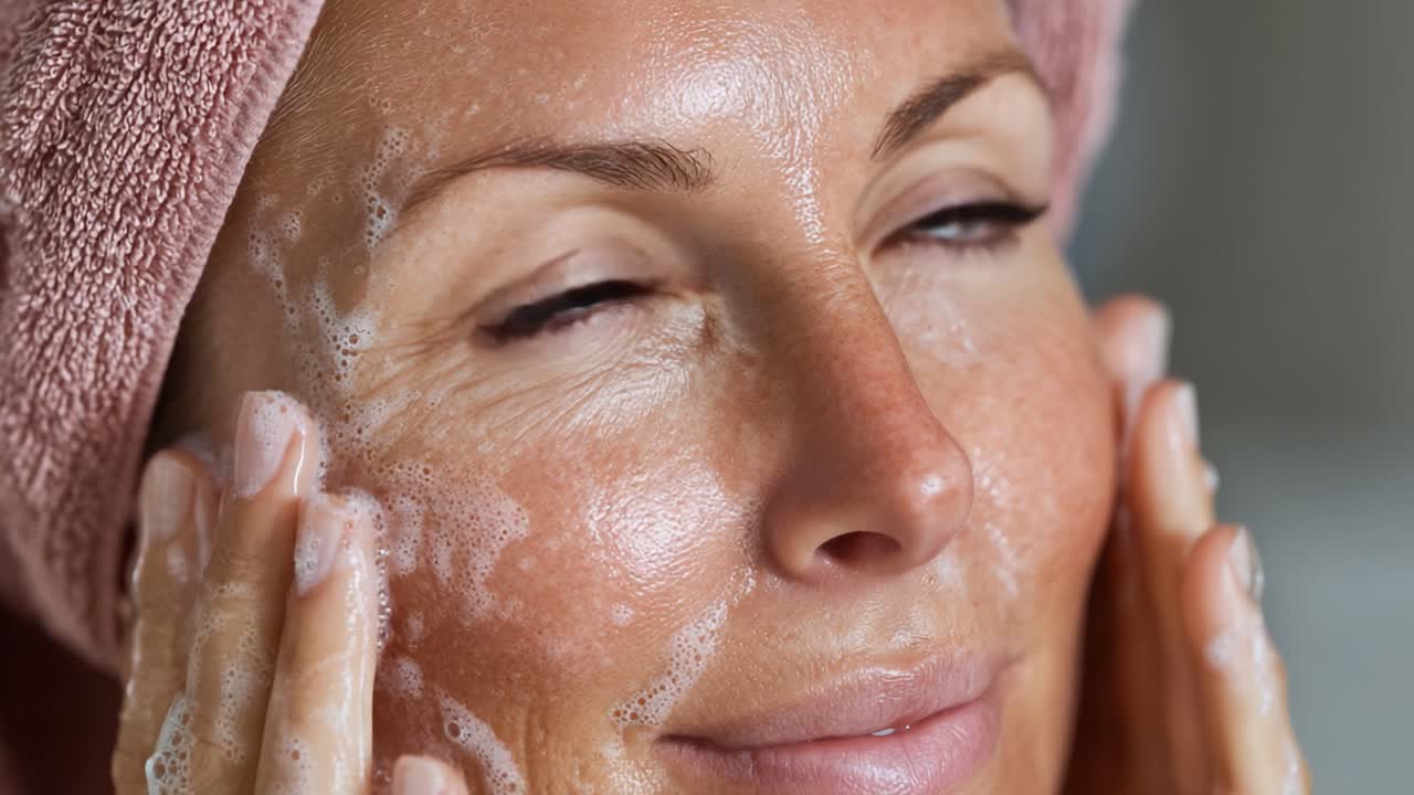 A Close-Up of a Woman's Radiant Skin Care Routine, Featuring Cleansing Techniques and a Relaxing Atmosphere Highlighted by Natural Beauty and Skincare Products
