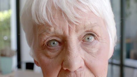 portrait of happy senior caucasian woman smiling at home, slow motion