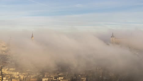 magnificent landscape of medieval palace in foggy dusk