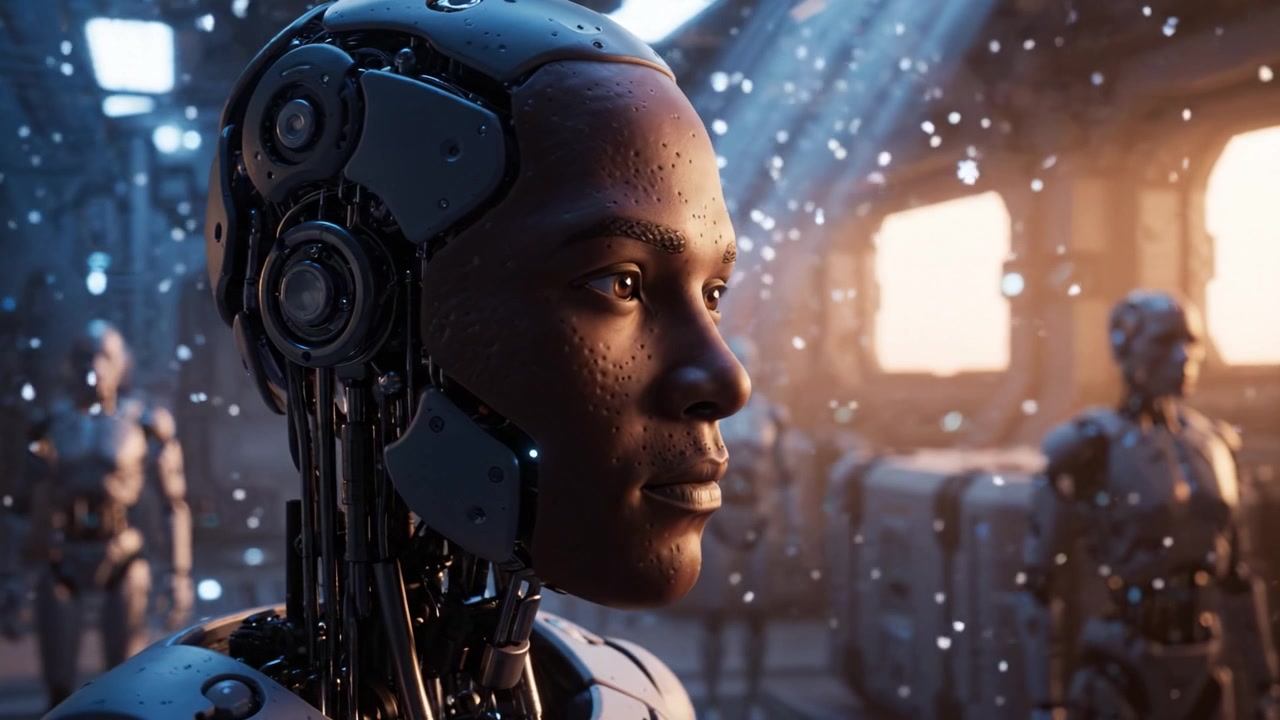 A Beautifully Crafted Futuristic Robot with Realistic Features Inside a High-Tech Environment Surrounded by Other Robots in a Snowy Atmosphere Illuminated by Light