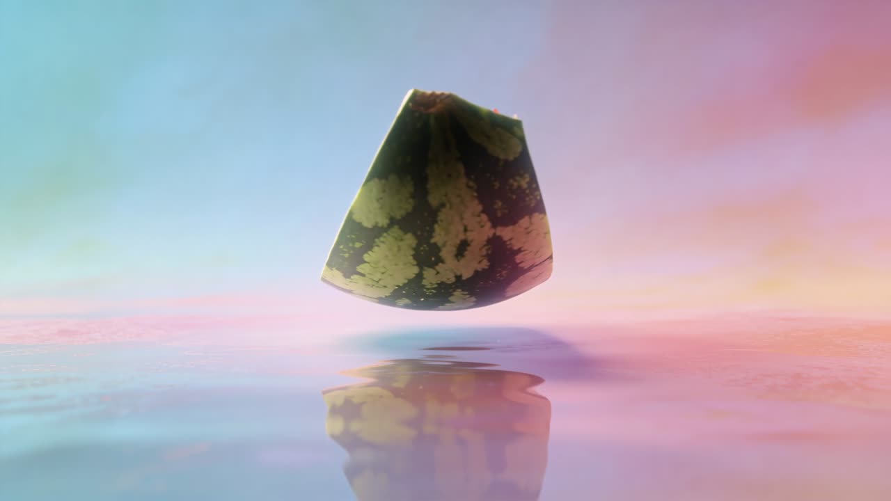 Rotating watermelon wedge as playback starts, floating over reflective plane with pastel backdrop