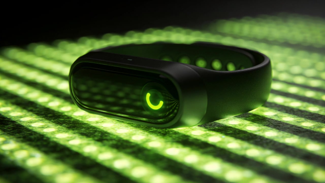 Pulsing LED grid causing tracker showing green crescent on dark tabletop, with silicone strap glow