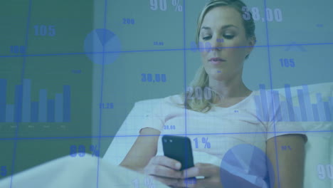 animation of data processing and diagrams over caucasian woman using smartphone in hospital