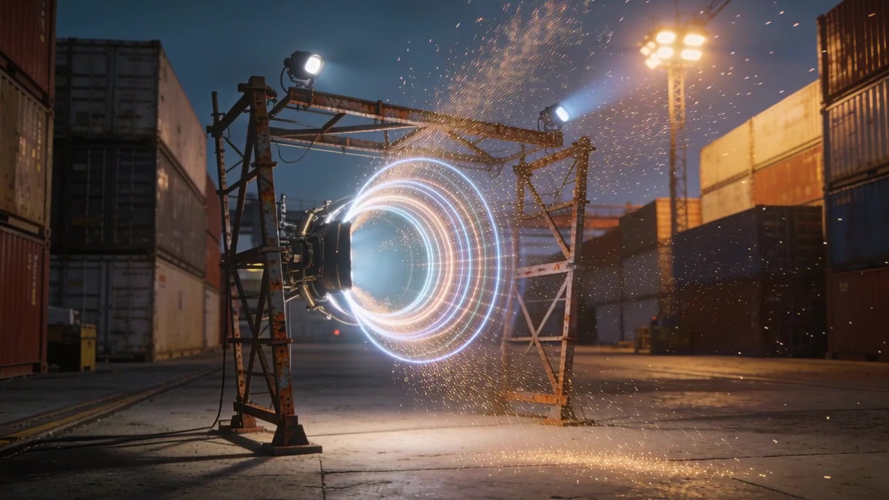 Powering device emitting glowing rings and inner beam in container yard, spraying sparks right