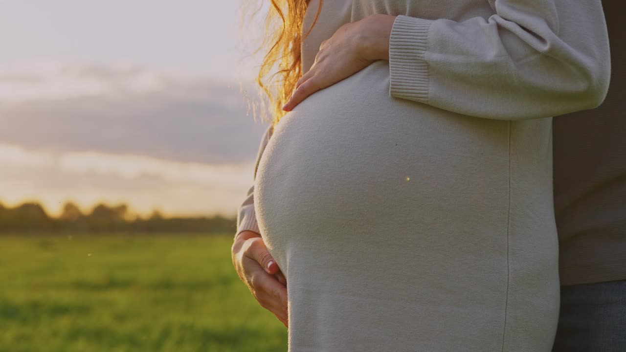 Pregnant Woman in Field at Sunset