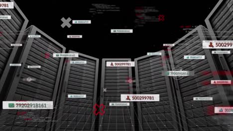 animation of data processing and media icons over server room