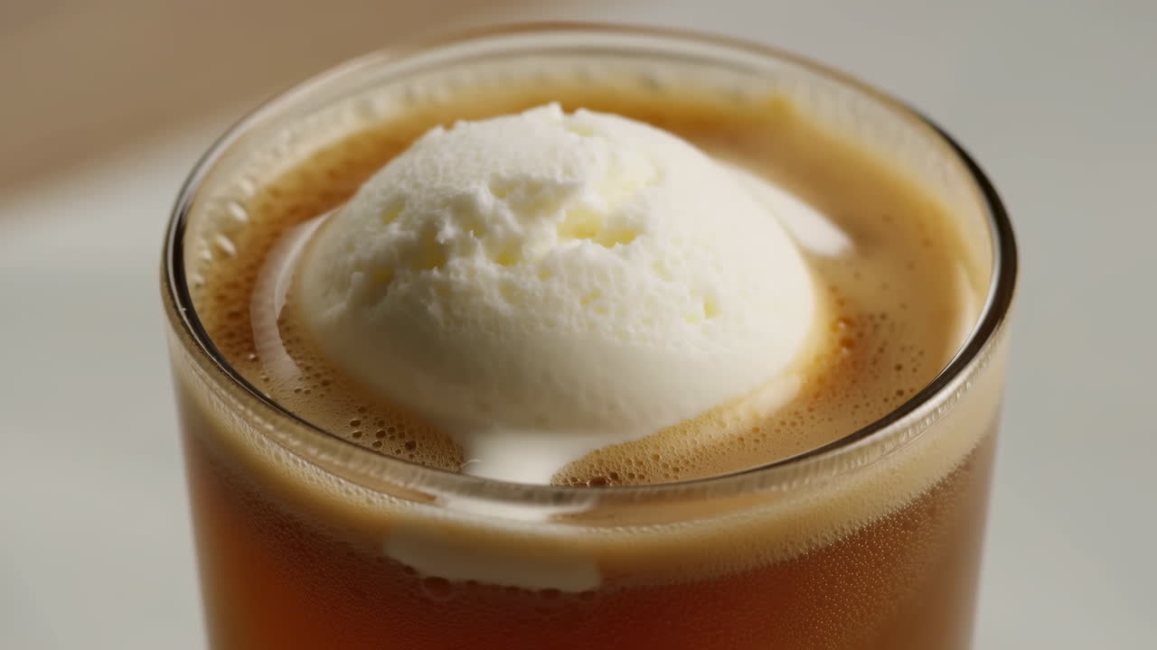 Bardakta Vanilyalı Gelato Affogato, Kremalı Bir Topun Espresso Kremasına Eriyişinin Yakın Çekimi, Sıcak Tonlar ve Yumuşak.