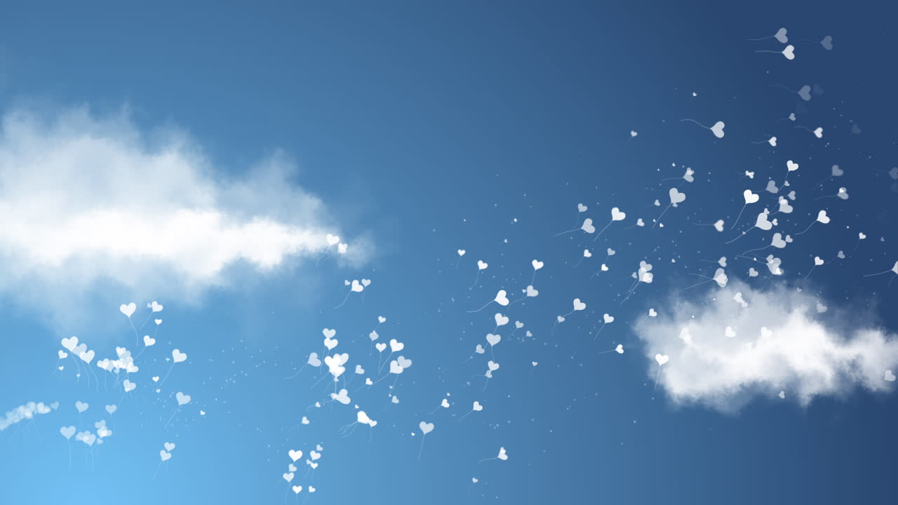 Happy Valentines day animation blue sky with clouds, realistic hearts balloons. Love greeting background with copy space. Loop motion graphic.