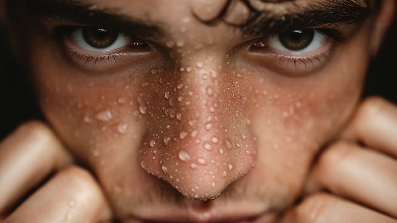 A Journey Through Emotion: Close-Up Shots of a Young Man Experiencing Intense Feelings with Water Droplets Highlighting His Facial Expression