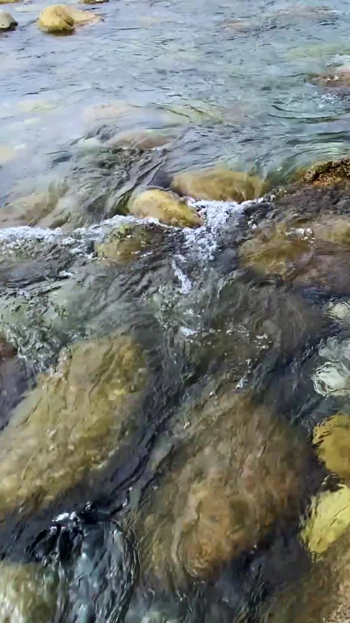 Acqua limpida del fiume che scorre impetuosamente su massi dorati e lisci a Bichanakandi, Sylhet, Bangladesh, catturando correnti scintillanti e scenari naturali di un ruscello collinare.