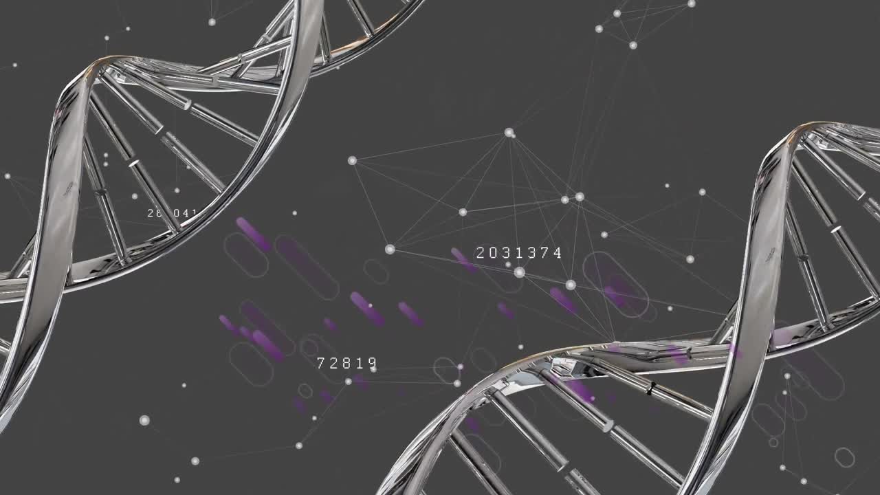 Animation of two dna structures spinning over network of connections against grey background