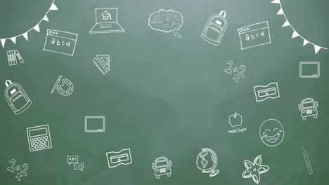 animation of multiple school concept icons against green chalkboard background with copy space