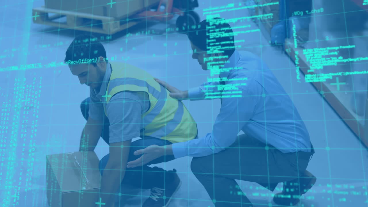 남성 감독자가 창고에서 남성 근로자에게 가져가는 네트워크를 통해 데이터 처리가