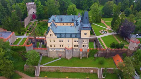 castle building in czech republic, aerial drone view