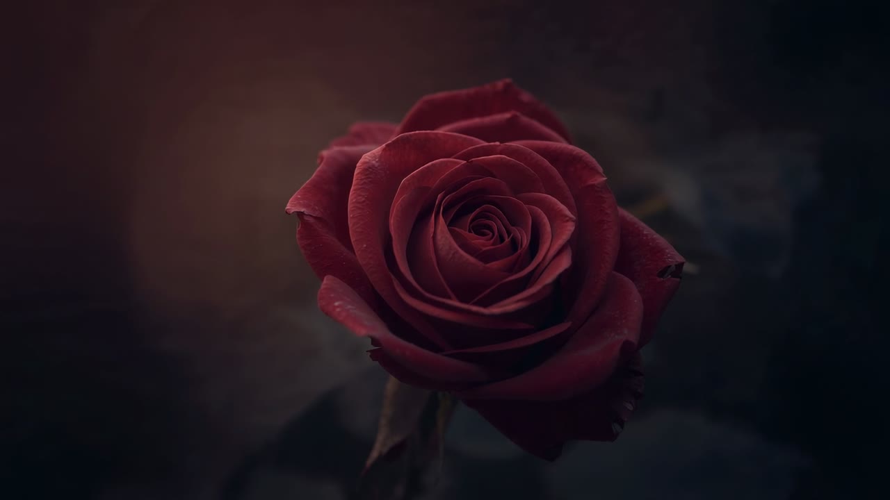 Inizio con una lenta carrellata della camera che inquadra una rosa rosso intenso che sboccia in studio, mettendo in risalto la texture dei petali e le goccioline