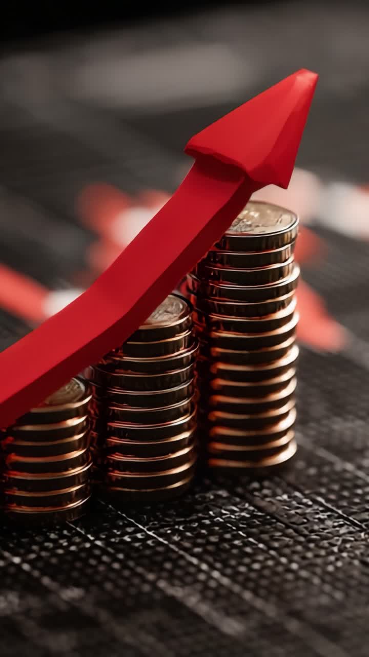 Una visualizzazione dinamica della crescita economica rappresentata da monete impilate e una freccia ascendente che indica tendenze finanziarie positive in formato grafico.
