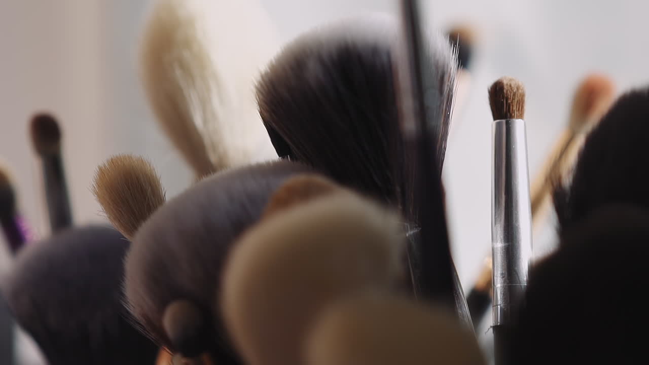 비지 마스터의 작업장에서 메이크업 브러시의 큰 세트